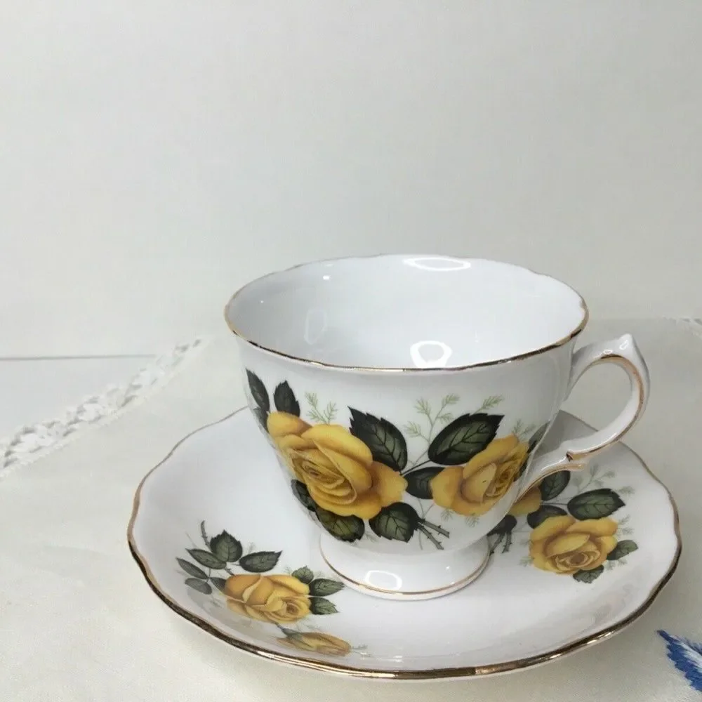 Royal Vale Yellow/Green Rose Tea Cup & Saucer‎ Set Bone China England